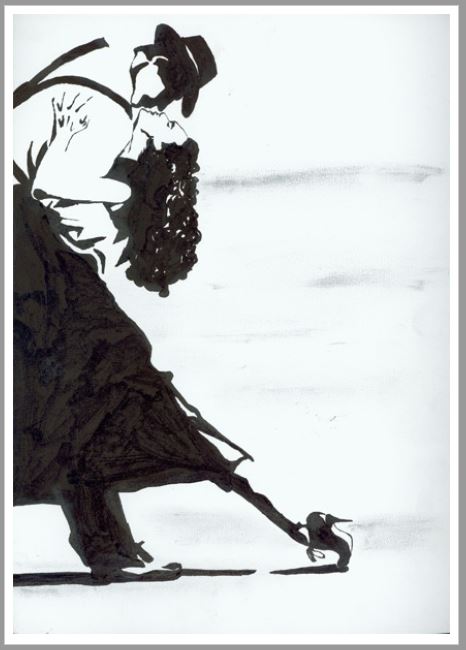 Silhouette eines tanzenden Paares in Vintage-Kleidung mit Hut und wallendem Kleid. A6 Postkarte Tango von Corina.